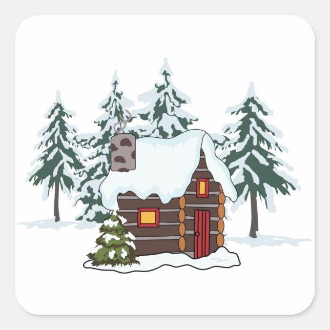 Snowy Cabin Scene Fyrkantigt Klistermärke (Framsida)