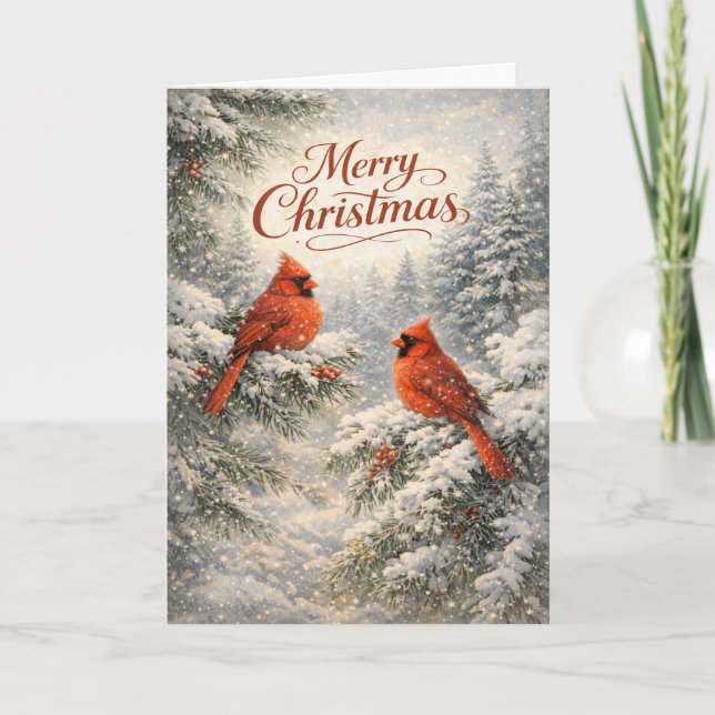 Snowy Cardinal Winter Merry Christmas Illustration Helgkort (Framsida)