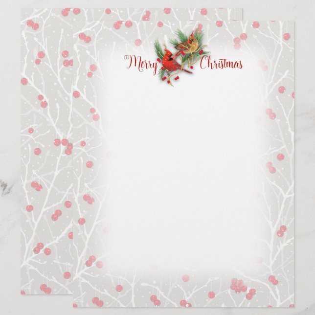 Snowy Cardinals God jul Letterhead Brevhuvud (Fram/baksida)