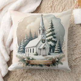 Snowy Chapel på natten | Julscenen Kudde