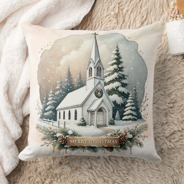 Snowy Chapel på natten | Julscenen Kudde (Filt)
