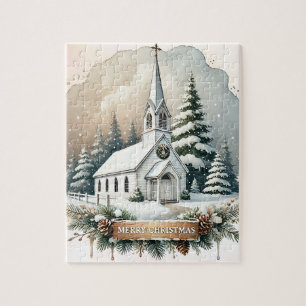 Snowy Chapel på natten Julscenen Pussel