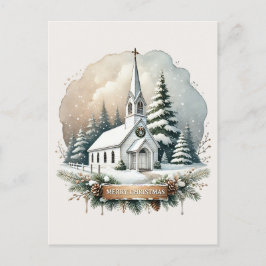 Snowy Chapel på natten | Julscenen Vykort