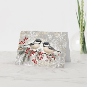 Snowy Chickadees om Evergreen med Berries Kort