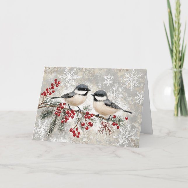Snowy Chickadees om Evergreen med Berries Kort (Framsida)