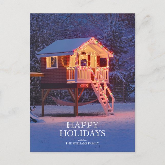 Snowy Child's Playhouse med jul Ljus Helg Vykort (Framsida)