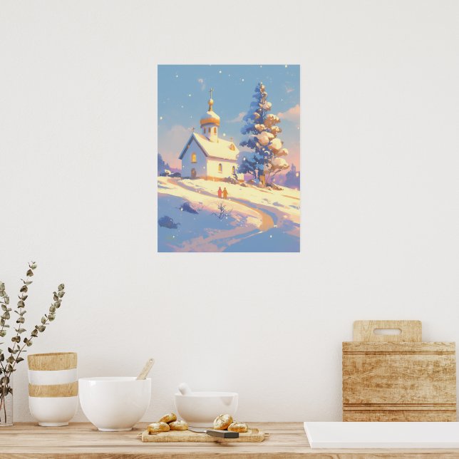 Snowy Christmas Church Scene Poster (Kök)