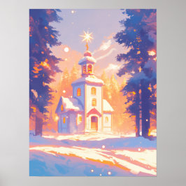 Snowy Christmas Church Scene Poster