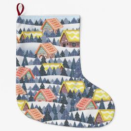 Snowy Christmas Village Pattern Stor Julstrumpa