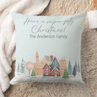 Snowy Christmas Village Watercolor Scene Kudde