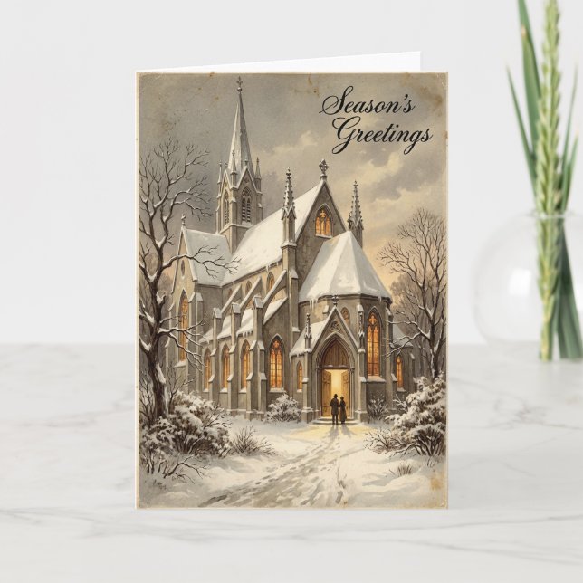 Snowy Church Christmas Greetings Card Kort (Framsida)