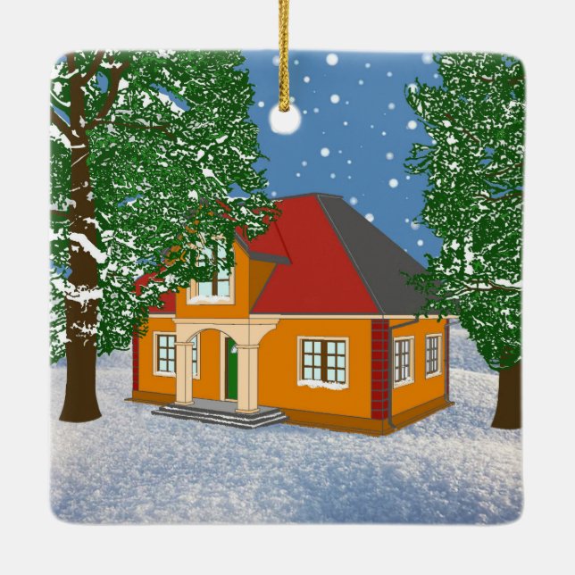Snowy Cottage Ceramic Ornament (Baksida)