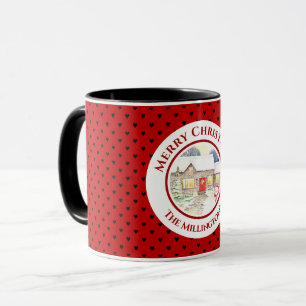Snowy Cottage jul Red Blue Heart Mönster Mugg