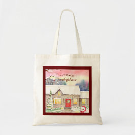 Snowy Cottage Watercolor Painting-jultid Tygkasse