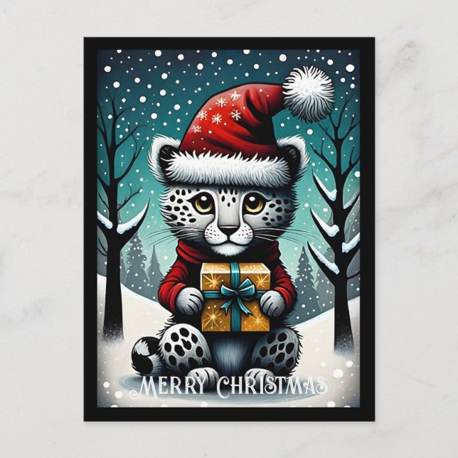 Snowy Cute Baby Snö Leopard Santa Gift Vykort (Framsida)