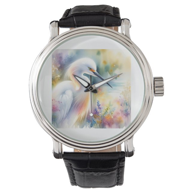 Snowy Egret 180724AREF115 - Watercolor Armbandsur (Framsida)