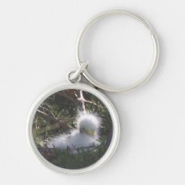 Snowy Egret Baby Bird Keychain Rund Silverfärgad Nyckelring