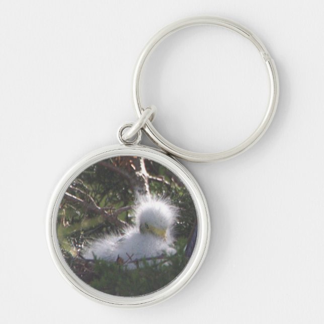 Snowy Egret Baby Bird Keychain Rund Silverfärgad Nyckelring (Framsidan)