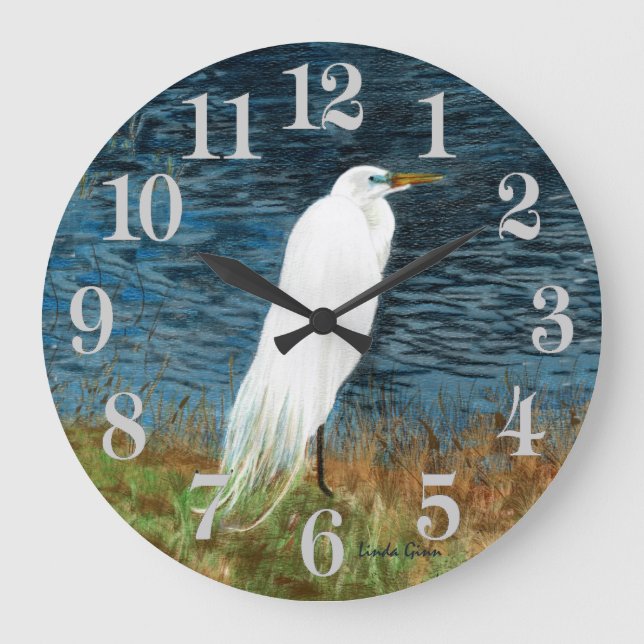 Snowy Egret Clock Stor Klocka (Framsida)