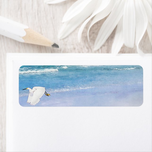 Snowy Egret Coastal Watercolor Returadress Etikett (Insitu)