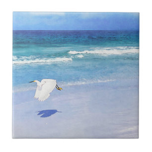 Snowy Egret Kustvattenfärg Kakelplatta