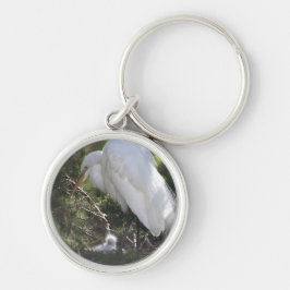 Snowy Egret med nyckelkedjan Baby Rund Silverfärgad Nyckelring