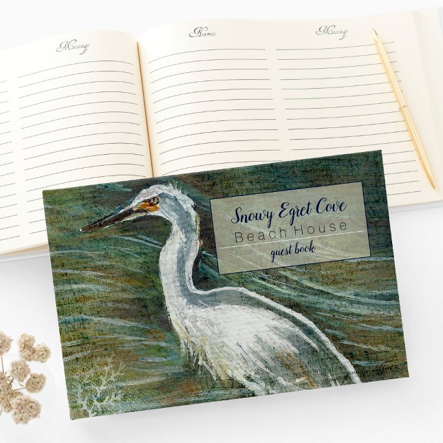 Snowy Egret Shorebird Beach House Guest Bok (Gorgeous Egret Shorebird Wading Water Guest Book from Jenn's Emporium. )