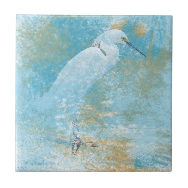 Snowy Egret Small Square Tile, målad Kakelplatta (Framsidan)