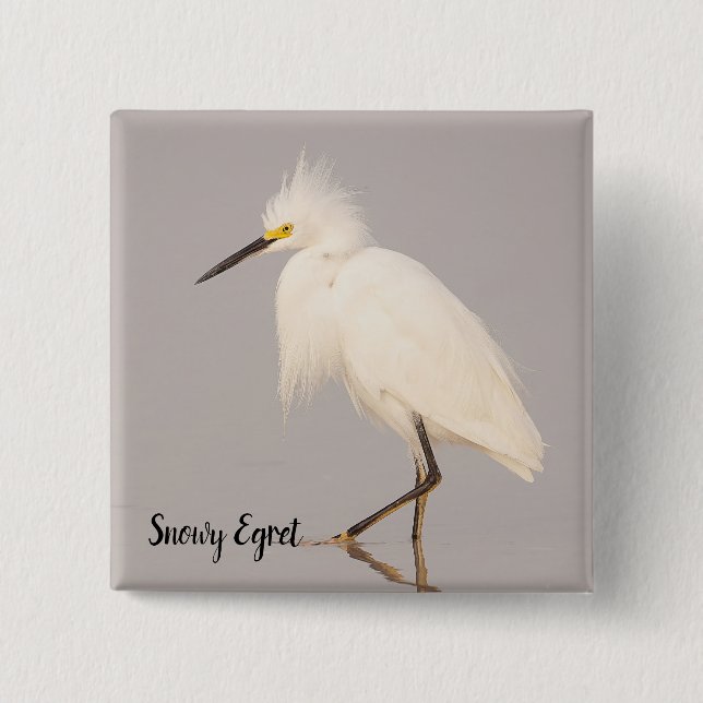 Snowy Egret Walking Button Knapp (Framsida)