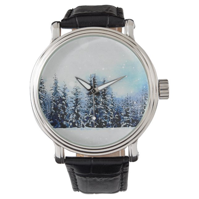 Snowy Evergreen Forest Helgdag - julövervakning Armbandsur (Framsida)