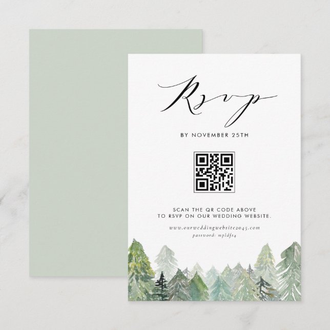 Snowy Evergreen Forest QR Code Winter Wedding OSA Kort (Fram/baksida)