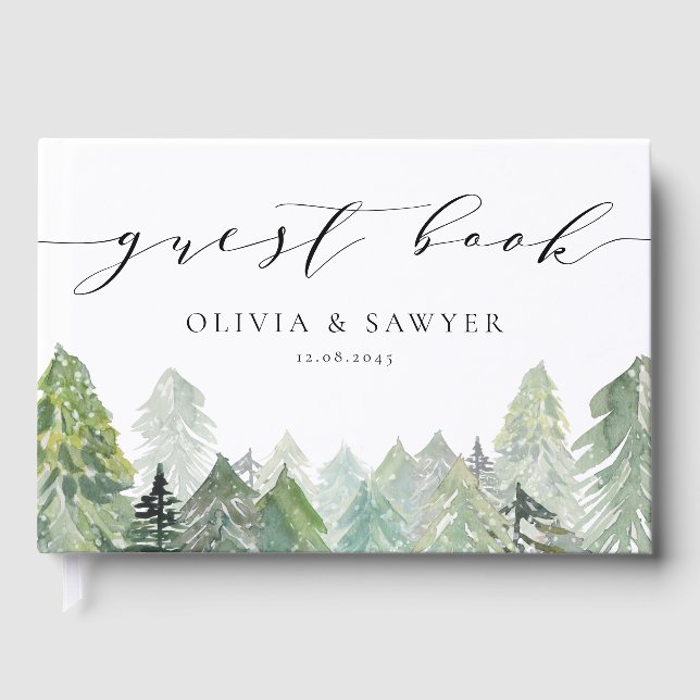 Snowy Evergreen Forest Script Winter Wedding Gästböcker (Framsida)
