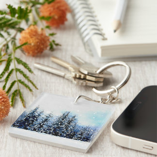 Snowy Evergreen Forest Winter Acrylic Keychain