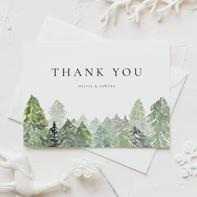 Snowy Evergreen Forest Winter Wedding Tack Vykort (Wedding thank you postcard with snowy watercolor pine forest, perfect for winter and rustic events.)