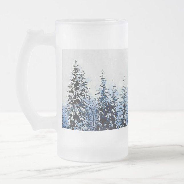 Snowy Evergreen Gräs Träd Frosted Glass 16oz Mugg (Vänster)