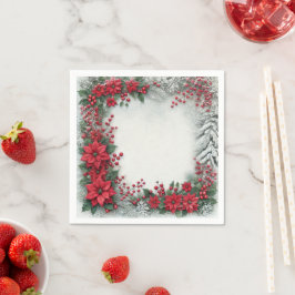 Snowy Evergreen Poinsettia Floral Frame Decoupage Pappersservett