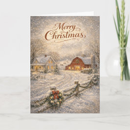 Snowy Farmhouse and Red Barn Merry Christmas Helgkort