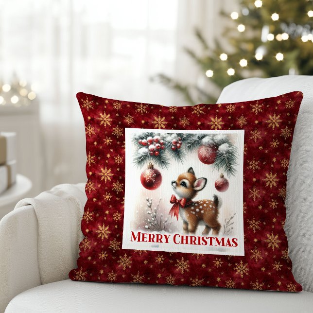 Snowy festive scene baby fawn Christmas pillow  Kudde (Snowy festive scene baby fawn Christmas pillow (49))