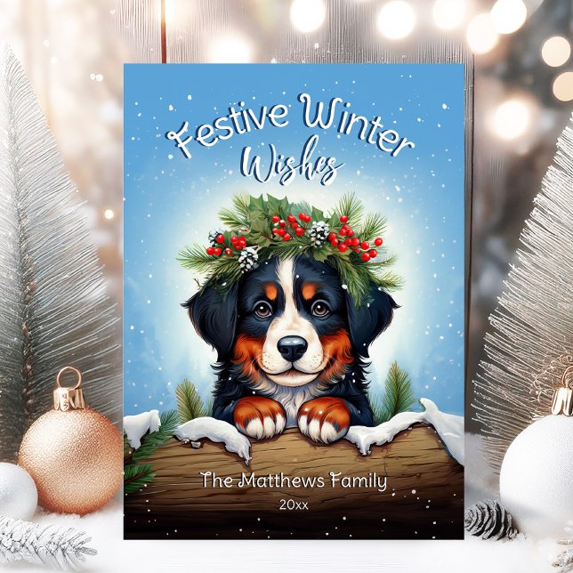 Snowy Festive Winter Önskemål Bernese Mountain Hun Julkort (Adorable Winter Snowy Scene With Peeking Dogs or Farm/Woodland Animals - Over 50 to Choose From!)