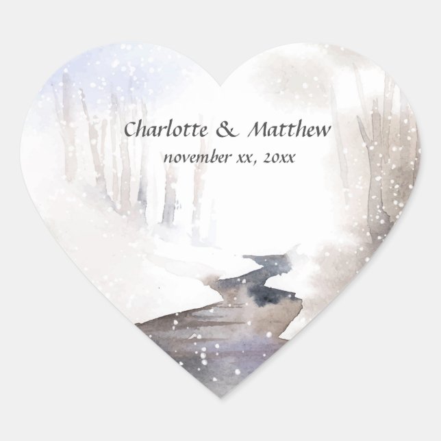Snowy Forest, Fall, Winter Wedding Hjärtformat Klistermärke (Framsida)