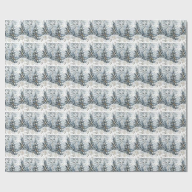 Snowy Forest Gift Wrap with Gold Lights Presentpapper (Platt)