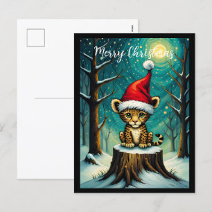 Snowy Forest Night Cute Baby Leopard Helg Vykort
