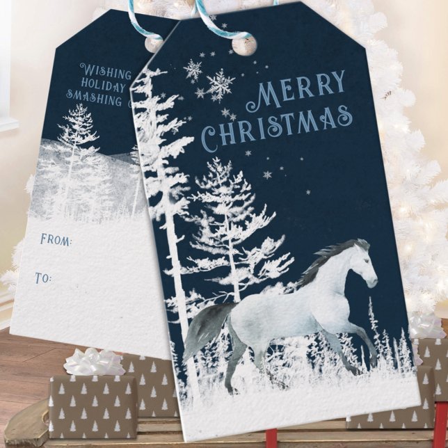 Snowy Forest Vild White Horse God jul Presentetikett (Snowy Forest Wild White Horse Merry Christmas Holiday Gift Wrapping Name Tag
)
