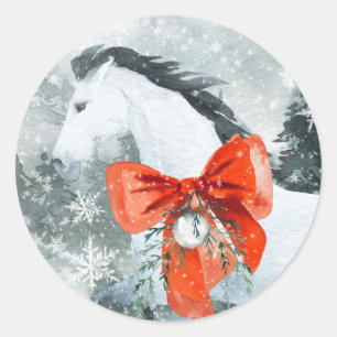 Snowy Forest White Horse Red Bow Helgdag Porträtt Runt Klistermärke