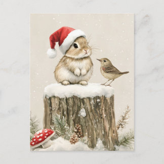 Snowy Forest Winter Woodland Christmas Bunny Bird Helg Vykort