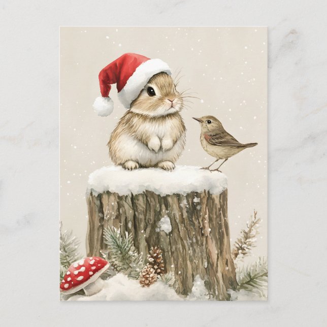 Snowy Forest Winter Woodland Christmas Bunny Bird  Helg Vykort (Framsida)