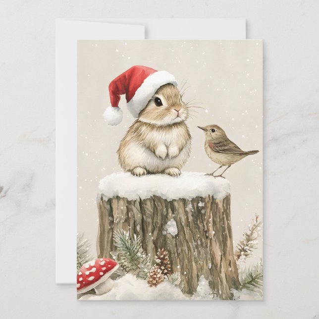 Snowy Forest Winter Woodland Christmas Bunny Bird  Julkort (Framsida)