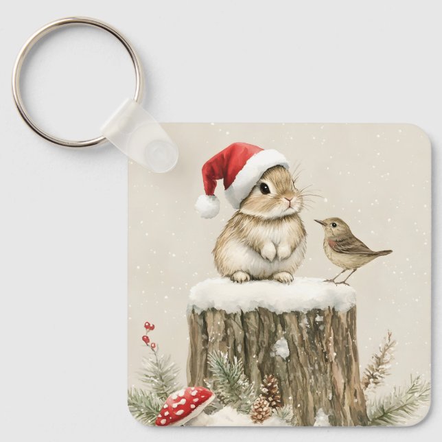 Snowy Forest Winter Woodland Christmas Bunny Bird  Nyckelring (Framsida)