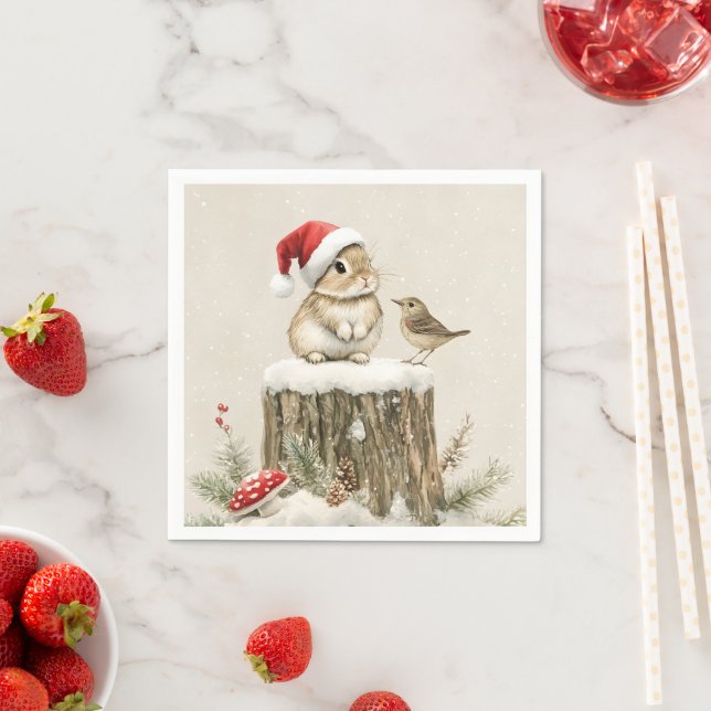 Snowy Forest Winter Woodland Christmas Bunny Bird  Pappersservett (Insitu)