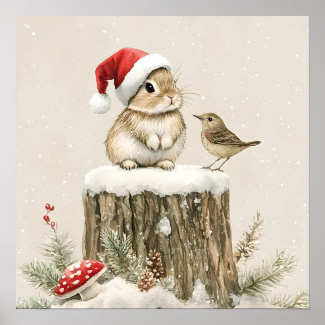 Snowy Forest Winter Woodland Christmas Bunny Bird  Poster (Framsidan)